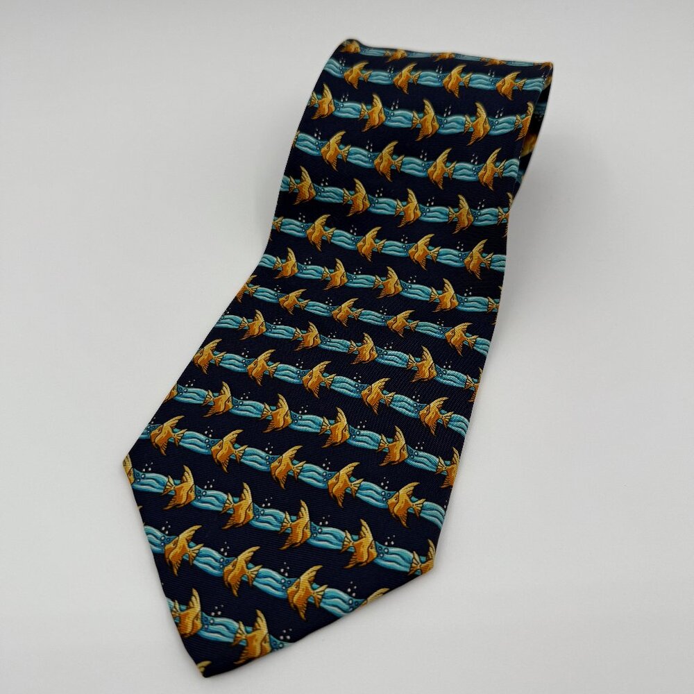 Harris’ Prestige 100% Silk Tie Blue Gold Fish Animal Print Handmade Aquatic